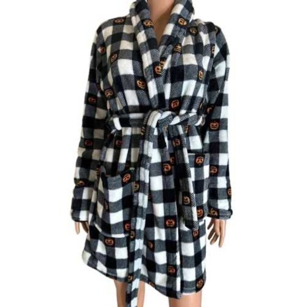 Spooky Night Halloween Robe Womens Medium Black White Plaid Pumpkin Fleece 8958S